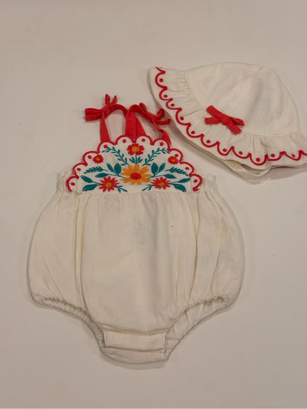 Cream Floral Embroidered Baby Romper with Matching Hat